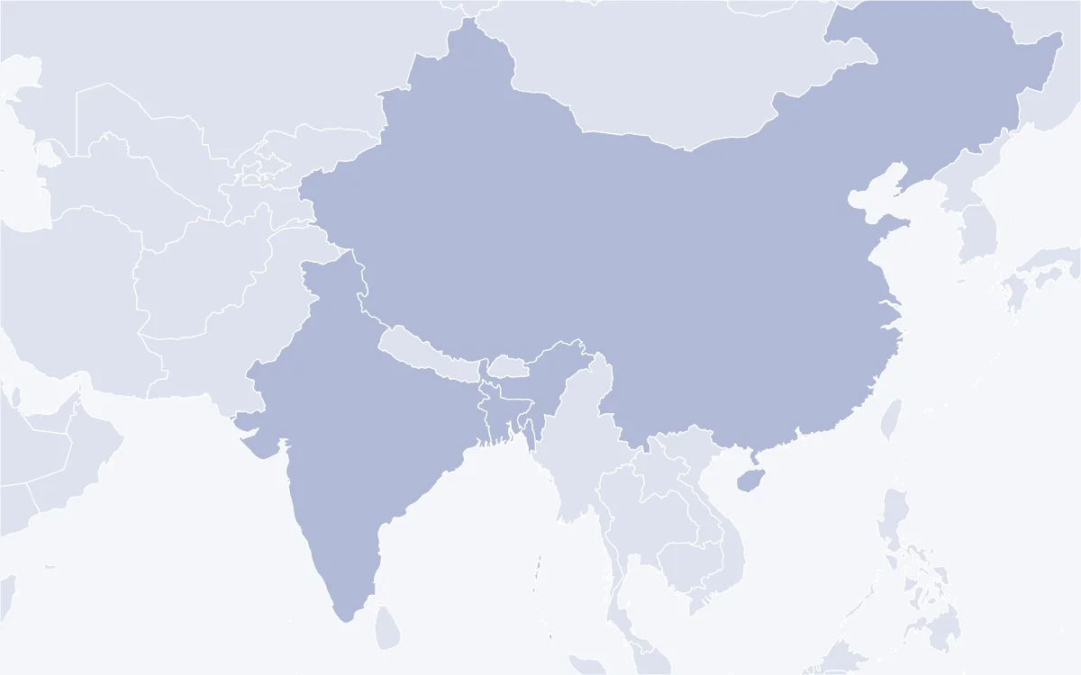 Mapa de Asia con China, India y Bangladesh